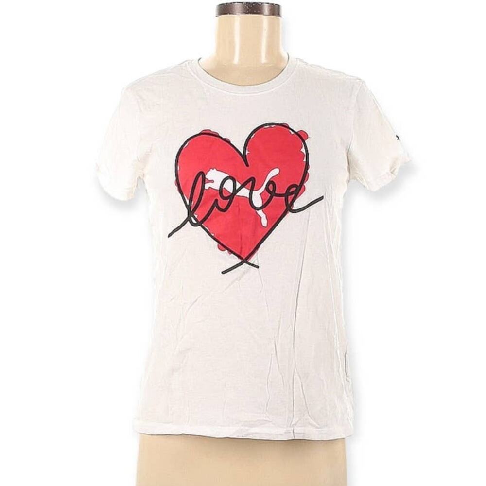 Puma‎ Love Shirt Short Sleeve Crew Neck Logo Tee Heart White Red Women's Medium